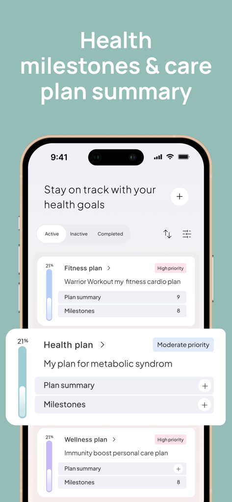 Lify: health manager, my chart - Lify app interface showing health milestones and care plan summary with progress bars for fitness and wellness plans