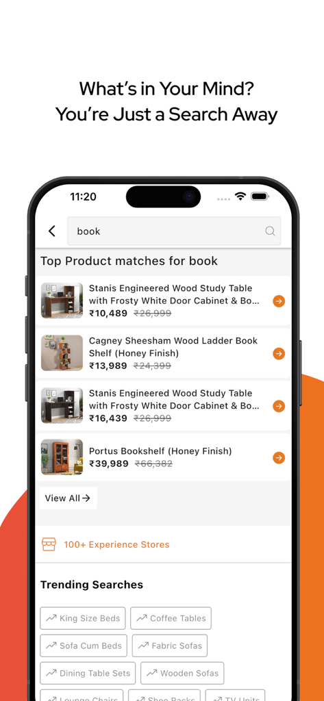 Wooden Street mobile app search screen displaying results for wooden bookshelves and study tables.
