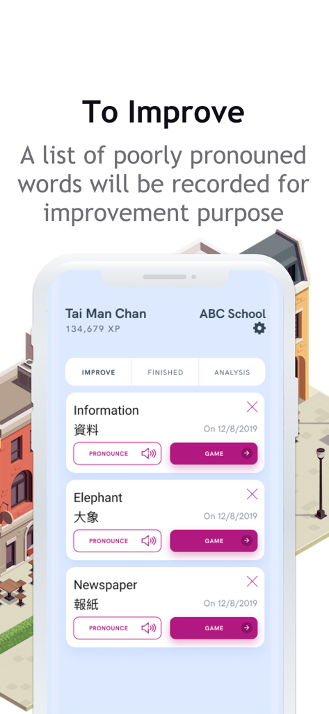 Lango School - Lango School app interface showing a list of words to improve pronunciation with Chinese translations