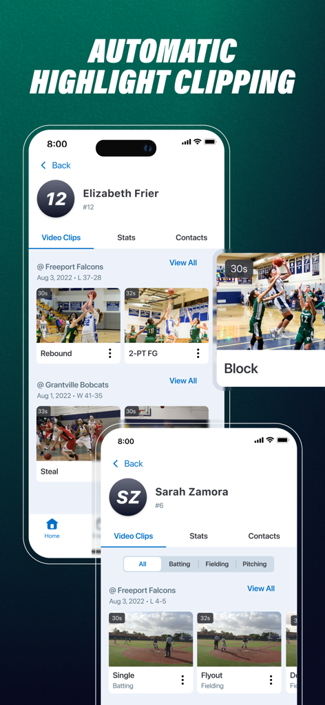 GameChanger app interface displaying athlete profiles with automatically clipped sports video highlights