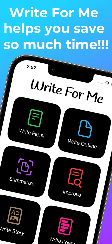 Interface of the Write For Me AI Essay Writer app showing features like Write Paper Write Outline and Summarize
