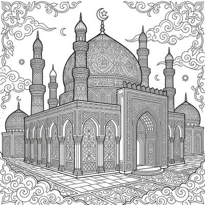 Embark on a mesmerizing artistic journey with this incredibly detailed Sufi Shrine coloring page. Discover the intricate beauty of Islamic architecture, featuring elegant domes, towering minarets, and ornate patterns ready for your creative touch.