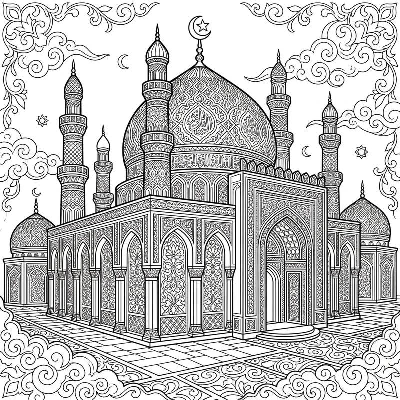 Embark on a mesmerizing artistic journey with this incredibly detailed Sufi Shrine coloring page. Discover the intricate beauty of Islamic architecture, featuring elegant domes, towering minarets, and ornate patterns ready for your creative touch.