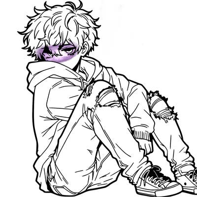 a male hoddie ripped jeans messy hair anime