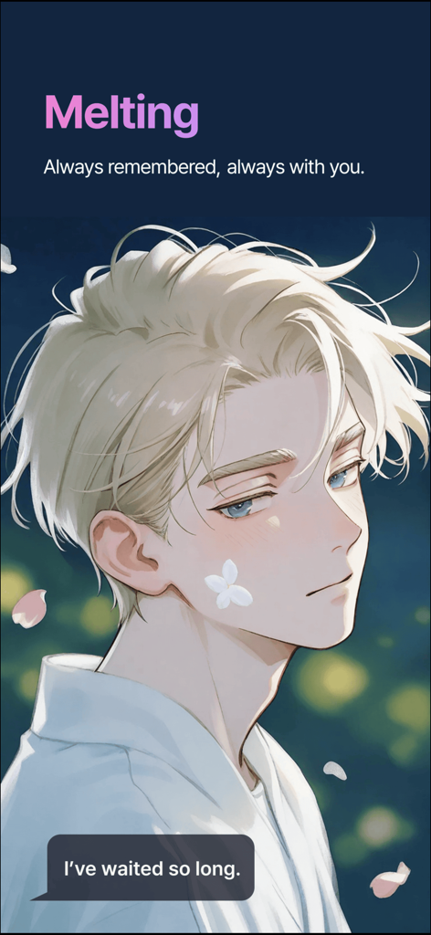 An anime style male character in the Melting AI character chat app interface with the message I've waited so long