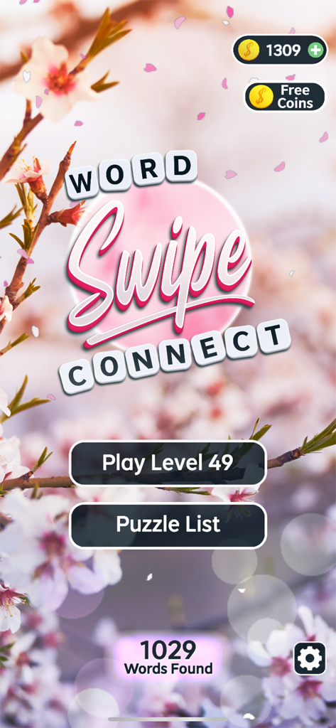 Word Swipe Connect: Crossword - Word Swipe Connect game menu screen with a serene cherry blossom background