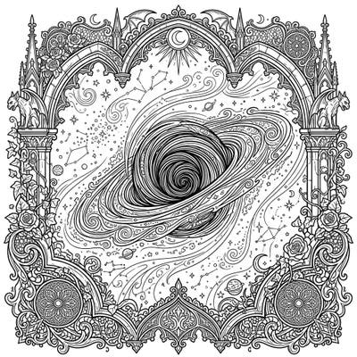 Dive into a spectacular fusion of celestial wonder and gothic artistry with this unique coloring page. Featuring a magnificent black hole framed by intricate Victorian details, it offers a truly captivating creative escape.