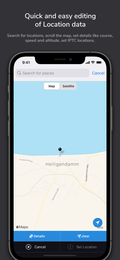 ImagExif 2 - edit exif data - iPhone-Bildschirm, der die Benutzeroberfläche der ImagExif 2 App zur Bearbeitung von Foto-Standortdaten mit einer Karte und einer Suchleiste zeigt.