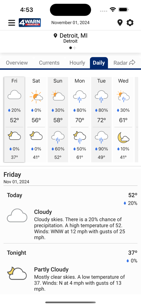 WDIV 4Warn Weather app daily forecast for Detroit Michigan