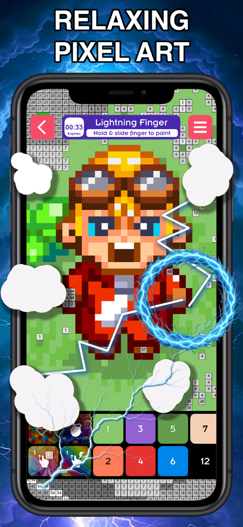 Smartphone-Bildschirm, der das Blitzfinger-Werkzeug in der Color by Pixel Malen-nach-Zahlen-App zeigt