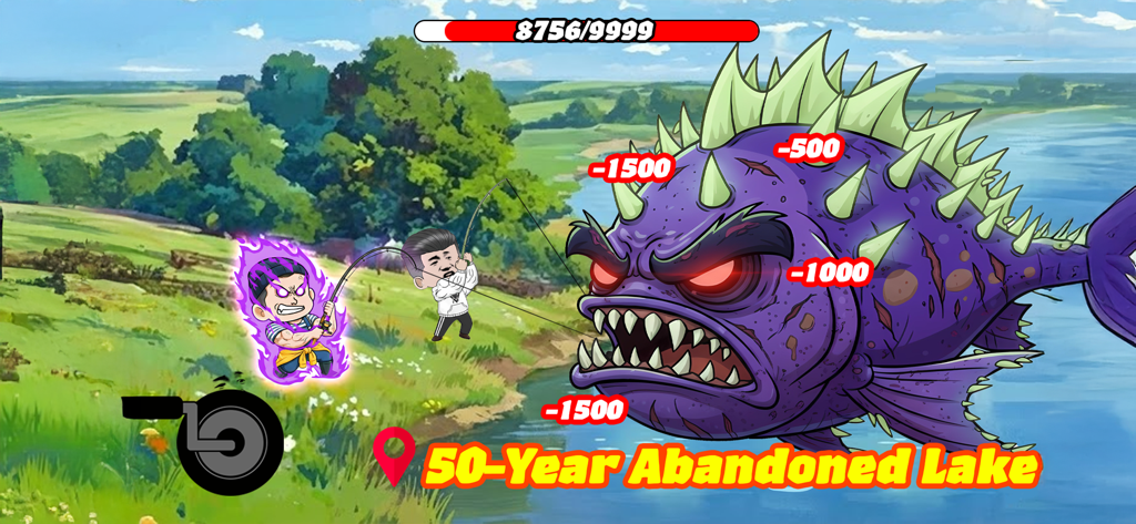 Fishing Mega Battle - 放棄された湖で、巨大な紫色のモンスター魚と戦う2人の漁師キャラクター。