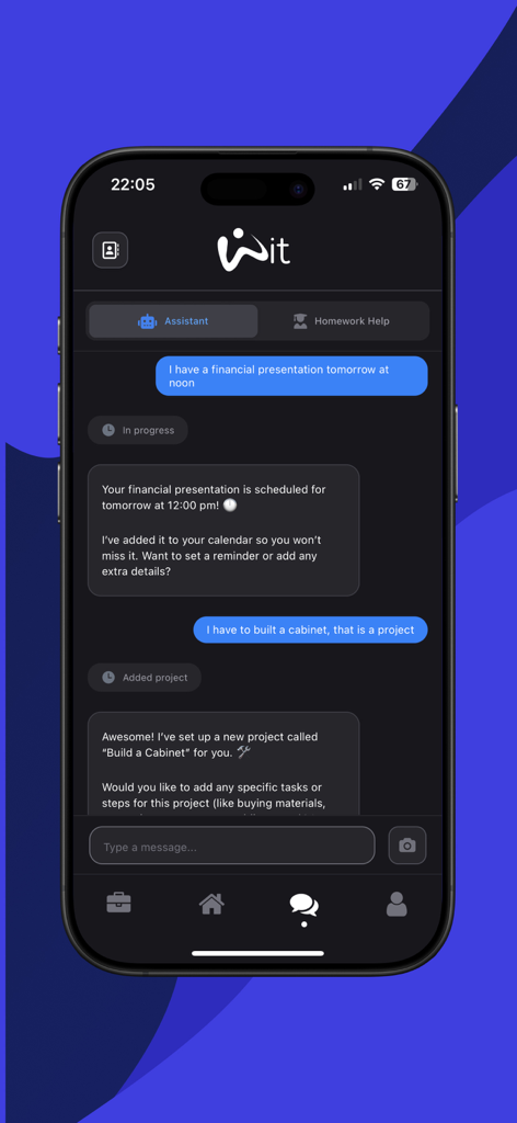 AI Companion app - WitAI Agent - Chat interface of WitAI agent assistant scheduling a calendar event and creating a project.
