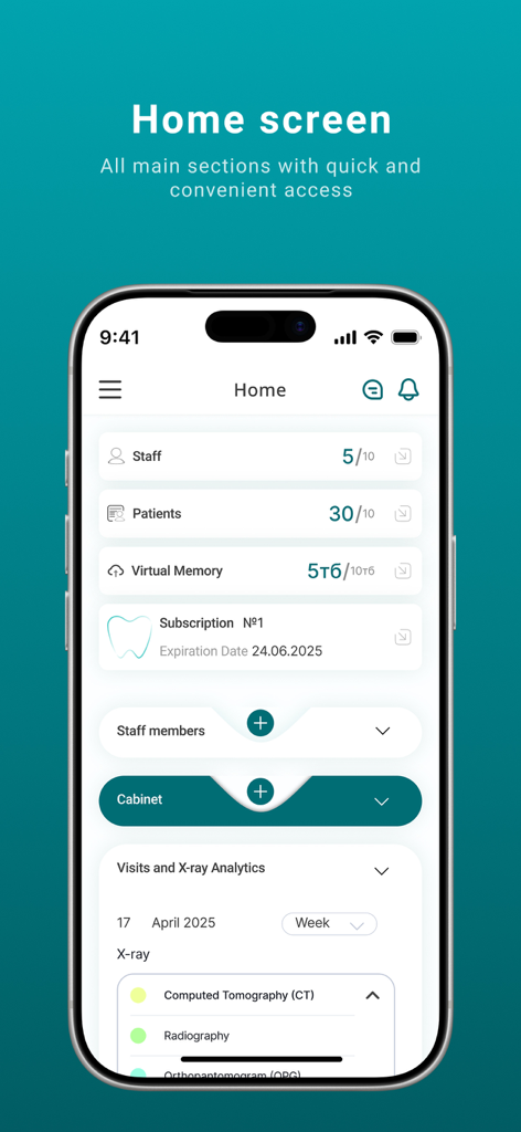 Dentax Soft - Dentax Soft dental management app home screen showing clinic dashboard with staff and patient analytics