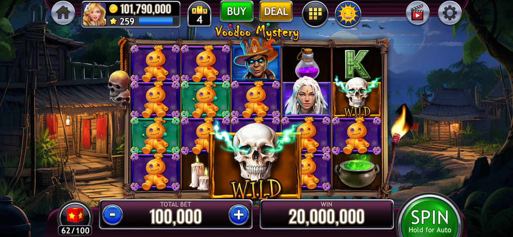 Slots of Luck Vegas Casino - Gameplay de Slots of Luck Vegas Casino présentant le thème de la machine à sous Voodoo Mystery avec des crânes et des poupées vaudoues