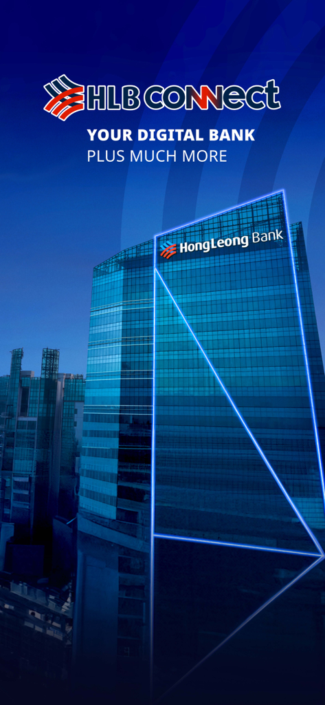 HLB Connect Mobile Banking App - Schermata di presentazione dell'app di mobile banking HLB Connect con il grattacielo Hong Leong Bank e lo slogan