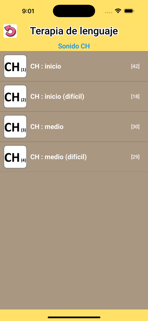 Terapia de lenguaje ejercicios - Menu with speech therapy exercises for the Spanish CH sound at different levels