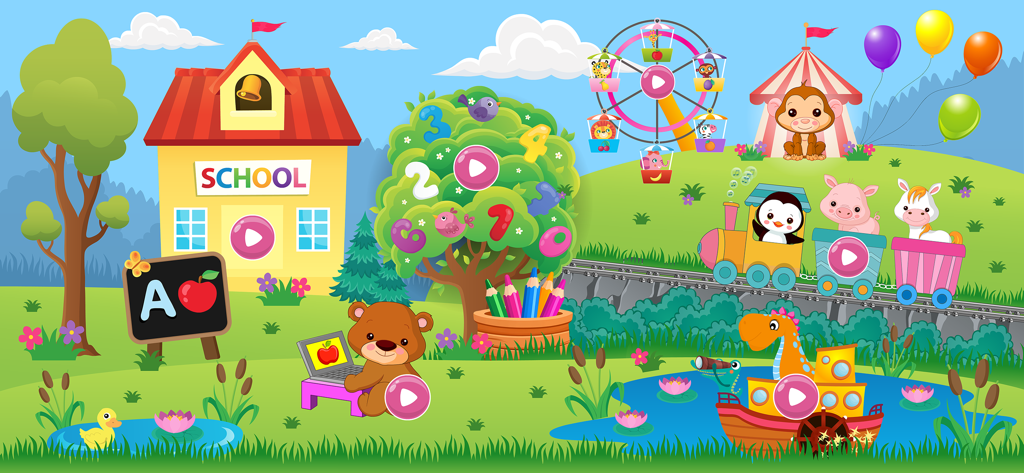 Baby games for one year olds. - Interactive and colorful cartoon landscape for toddler learning games featuring a school, animals, and educational activities.