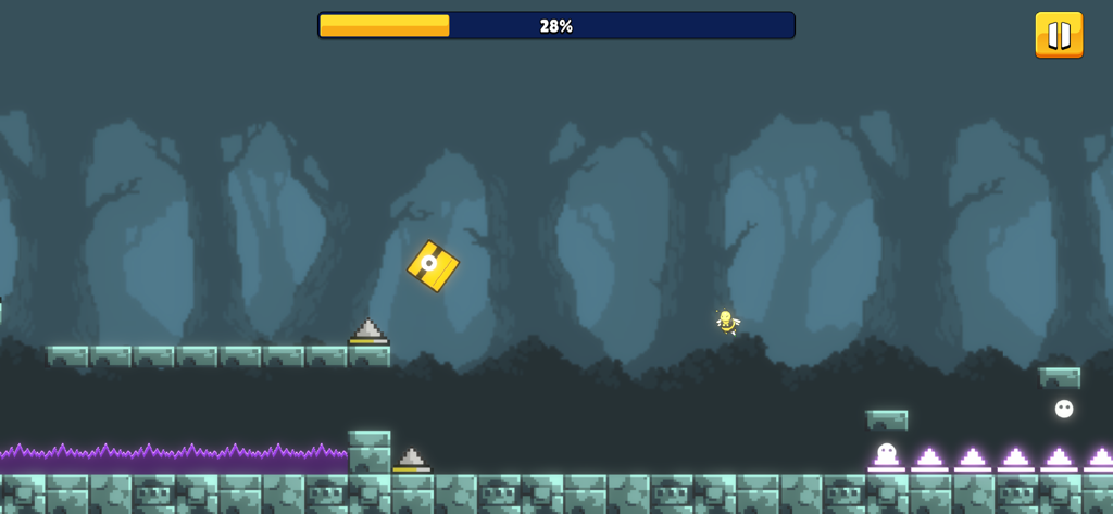 Gameplay de Hero Dash Jump montrant un personnage carré jaune sautant par-dessus des obstacles dans un niveau de forêt