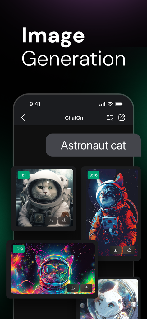 Interfaz de la aplicación móvil ChatOn AI que muestra la generación de texto a imagen para un prompt de gato astronauta.