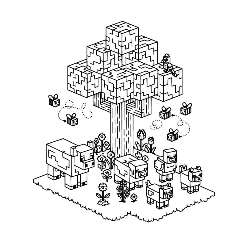 all the minecraft animals are gathered round the minecraft oak tree, on the ground are all the minecraft flowers which the minecraft bees fly around
