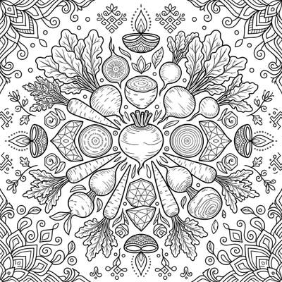 Celebrate the Festival of Lights with this unique coloring page, featuring a symmetrical mandala of fresh root vegetables. Intricate Diwali diyas and rangoli patterns invite you to add your vibrant artistic touch.