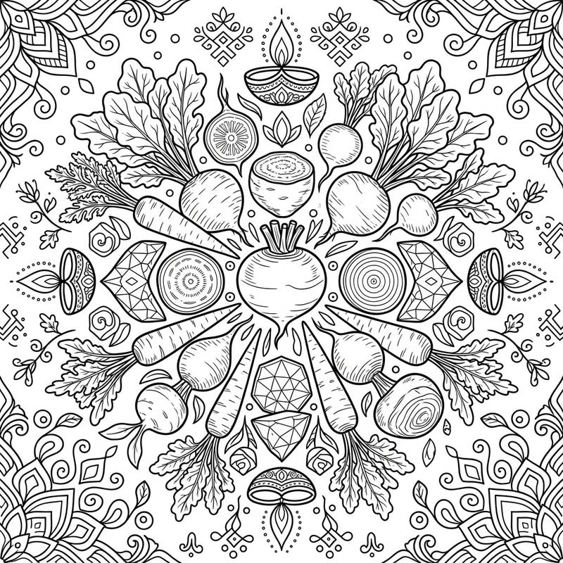 Celebrate the Festival of Lights with this unique coloring page, featuring a symmetrical mandala of fresh root vegetables. Intricate Diwali diyas and rangoli patterns invite you to add your vibrant artistic touch.