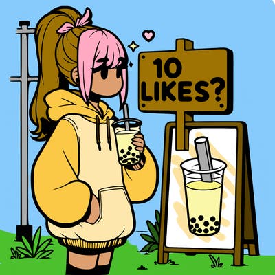 girl with oversized hoodie drinking boba and she has a high ponytail with a sign that says 10likes?