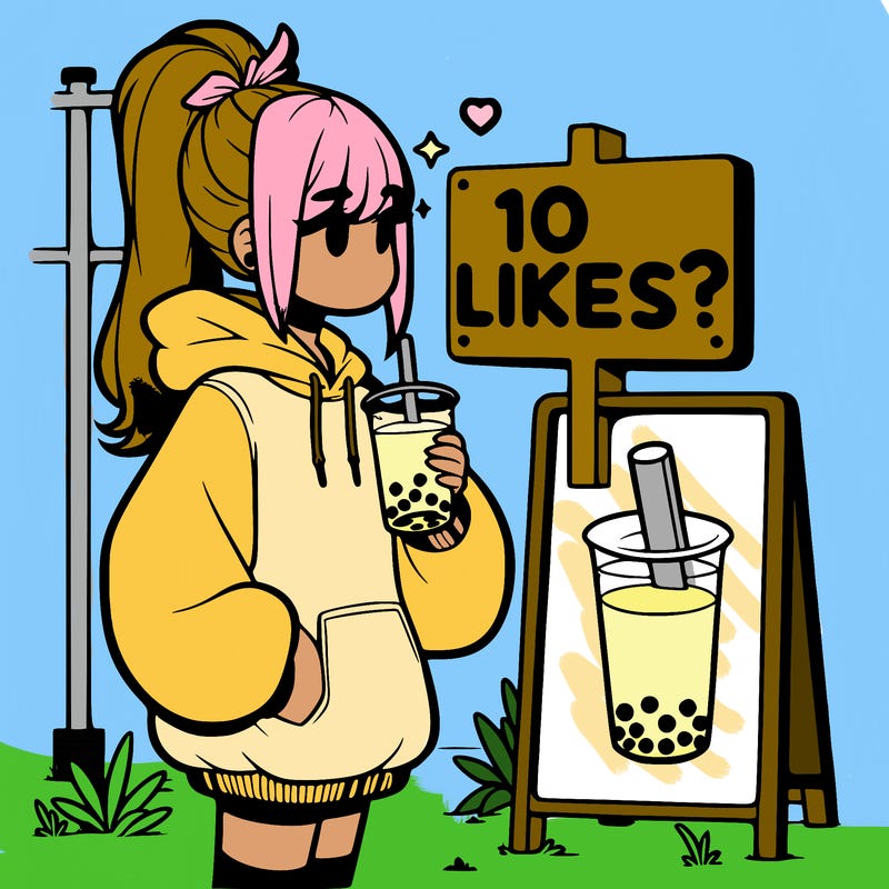 girl with oversized hoodie drinking boba and she has a high ponytail with a sign that says 10likes?