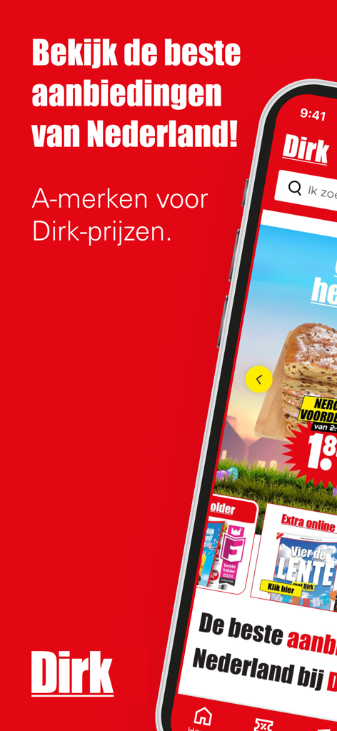 Tela do aplicativo Dirk Supermarkt mostrando ofertas semanais de supermercado e descontos de marcas