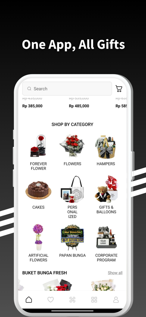 Outerbloom app home screen showing various gift categories including flowers, hampers, cakes, and personalized gifts.