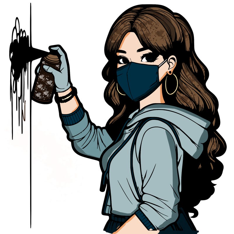 realistic girl with mask spray painting a wall