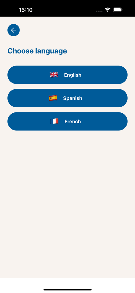 Yada Project - Tela de seleção de idioma para o aplicativo de estudo bíblico Projeto Yada, apresentando opções em inglês, espanhol e francês.