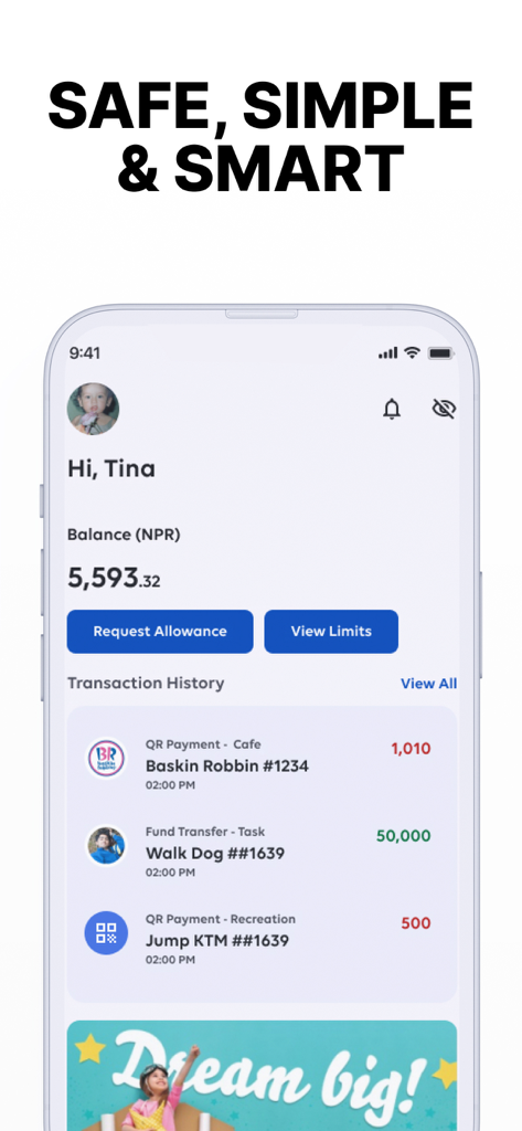 Global Junior - Global Junior 앱 인터페이스, 계정 잔액 및 작업 보상 기록 표시