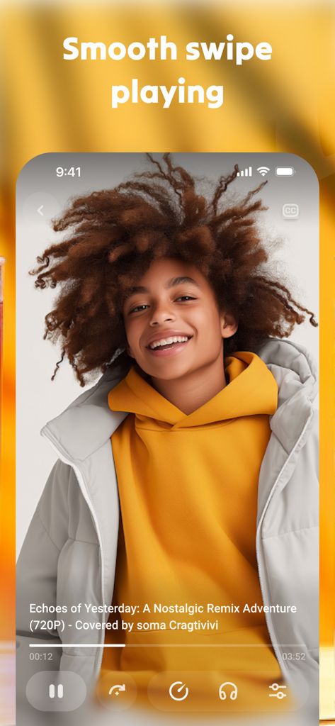 Lark Video Player: HD Player - Interface do Lark Video Player mostrando a funcionalidade de reprodução por deslizamento suave e controles de reprodução de vídeo em um iPhone