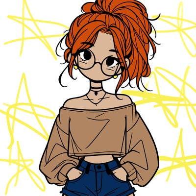 girl with a messy ponytail glasses a baggy crop top and jean shorts