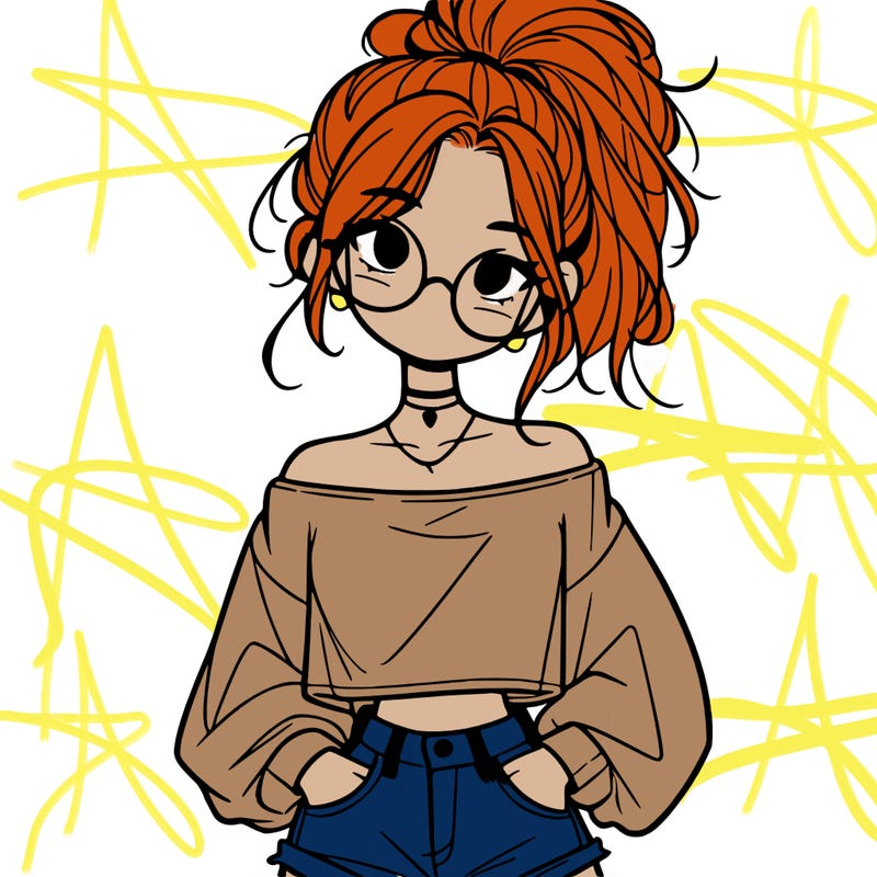 girl with a messy ponytail glasses a baggy crop top and jean shorts