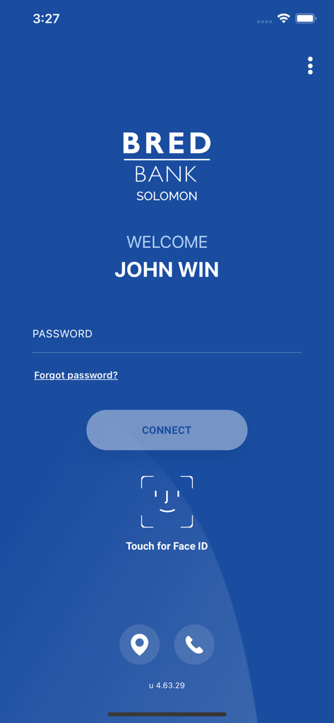 Login screen for BRED Solomon Connect mobile banking app with password field and Face ID option
