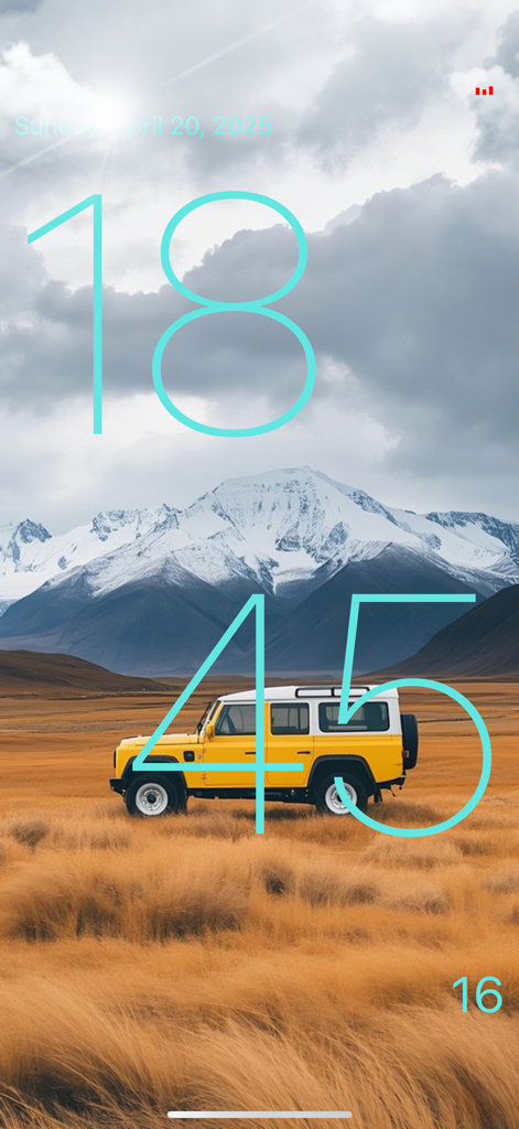 Flip Clock - Pomodoro & Focus - Digital flip clock app interface with large cyan numbers over a background featuring a yellow off-road vehicle and snowy mountains.
