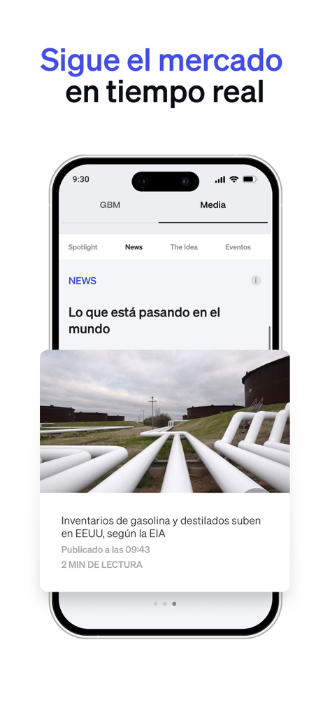Smartphone screen showing the GBM app news section with financial headlines in Spanish