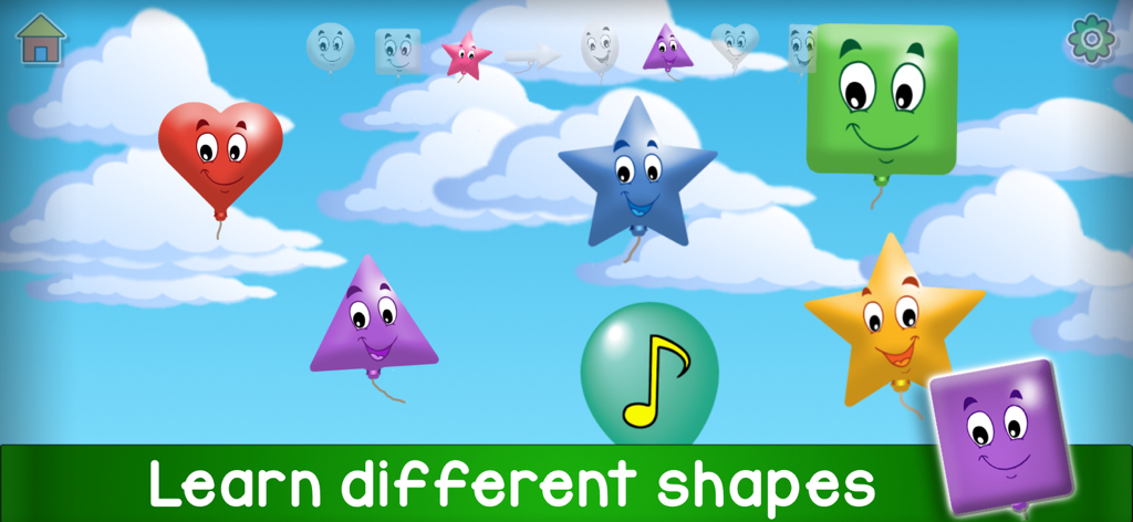Kids Balloon Pop Language Game - Globos coloridos en diferentes formas como estrellas y triángulos flotando en el cielo