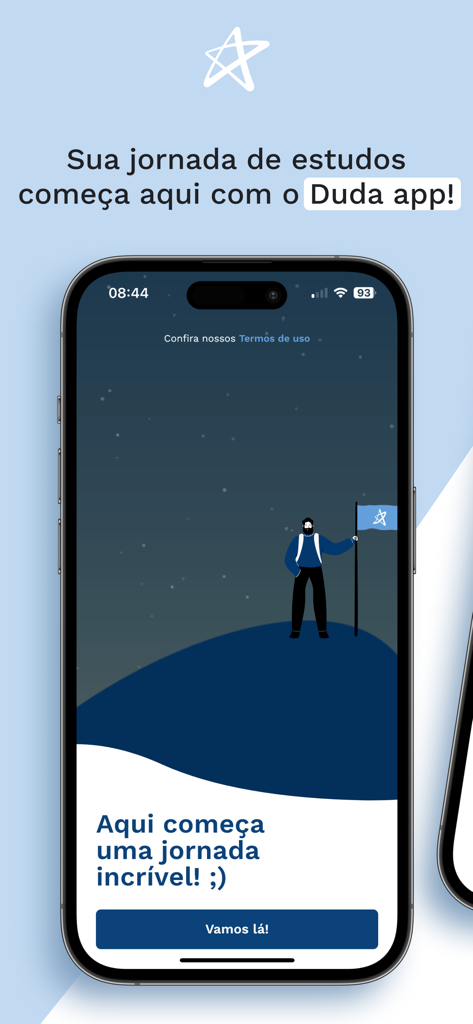 Welcome screen of the Duda app featuring an inspirational illustration of a student starting their journey