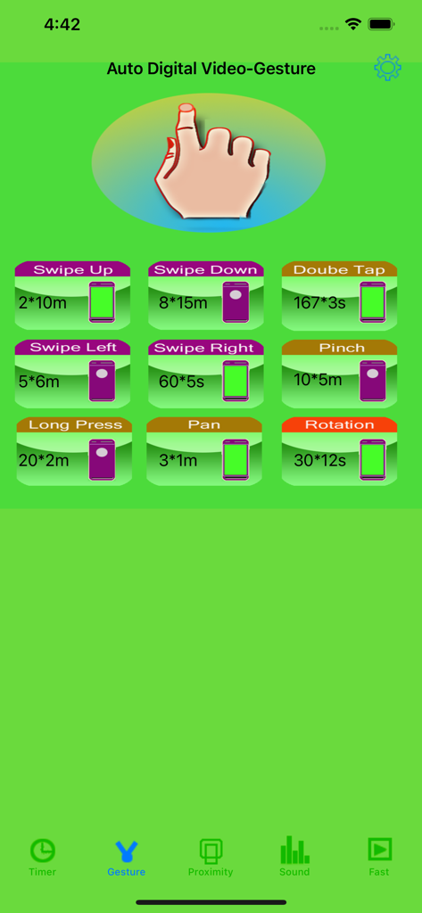Auto Digital Video - Interface showing customizable gesture controls for automated video recording in the Auto Digital Video app