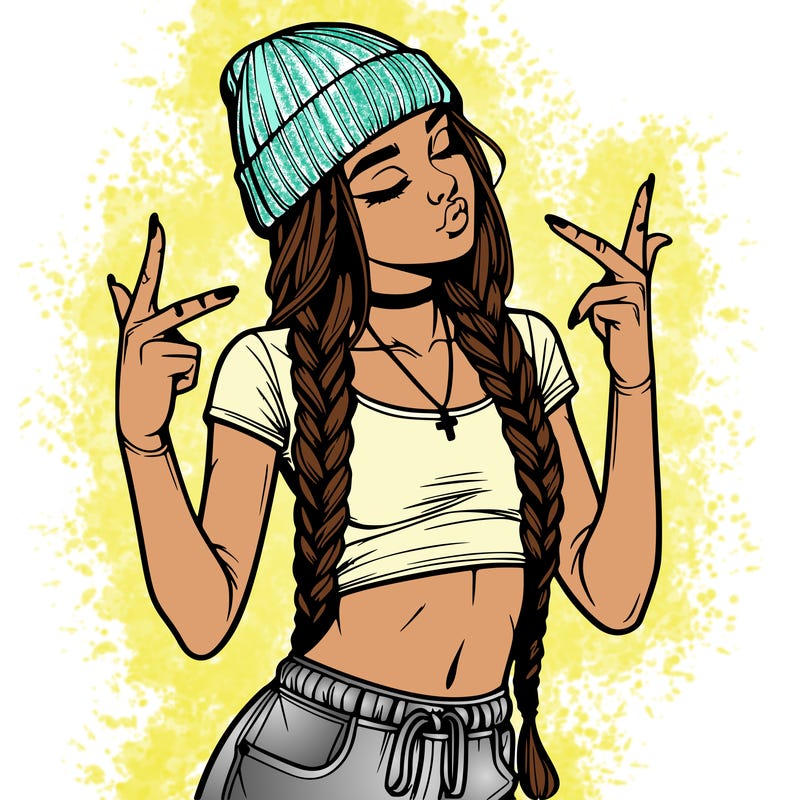 realistic teenage girl with braids and a beanie and crop top doing 🫶🏼