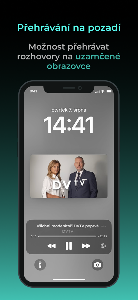 DVTV - An iPhone lock screen showing the DVTV app playing an interview in the background with media controls