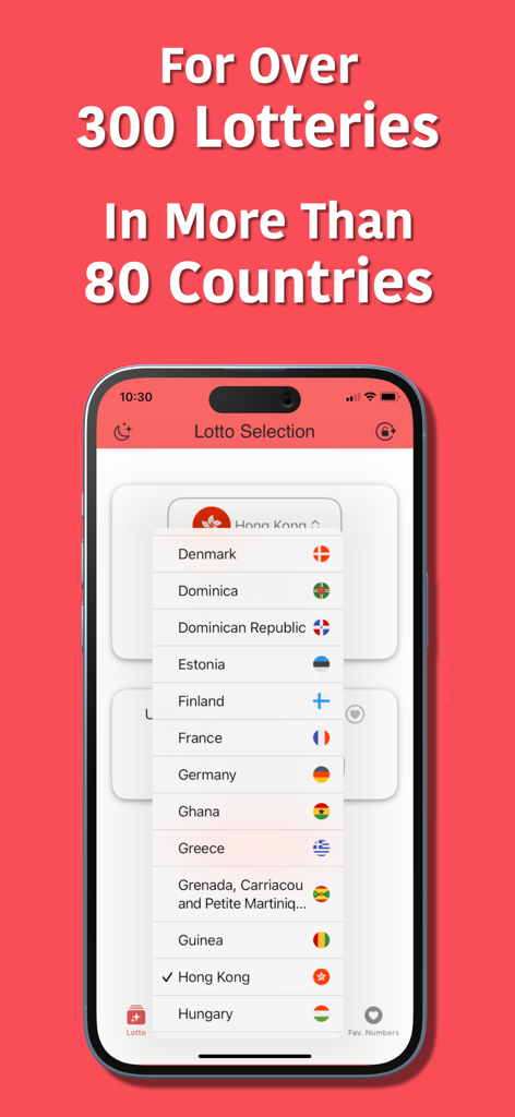 LottoPick: Lotto Number Picker - LottoPick app interface displaying a dropdown list of countries for global lottery selection with flags.