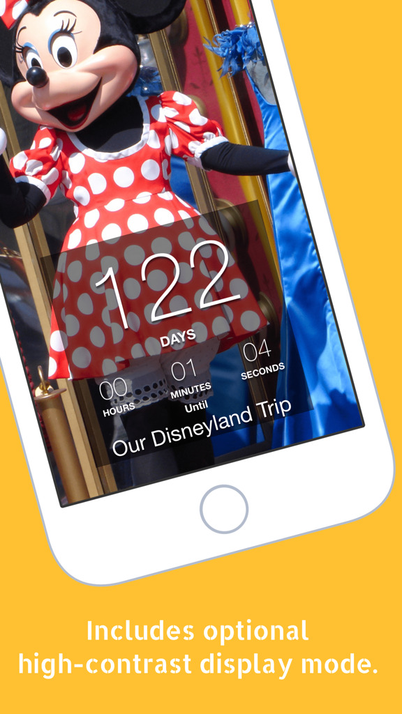 Smartphone screen showing a countdown timer to a Disneyland trip with a Minnie Mouse background