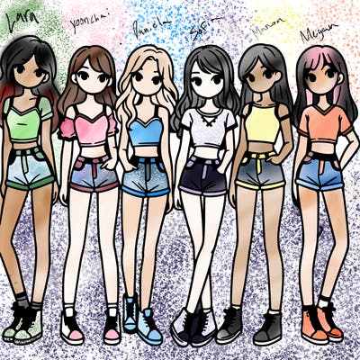 a group of girls wearing crop tops and shorts