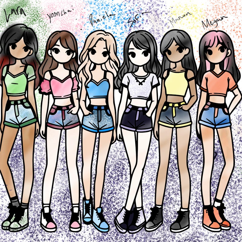 a group of girls wearing crop tops and shorts