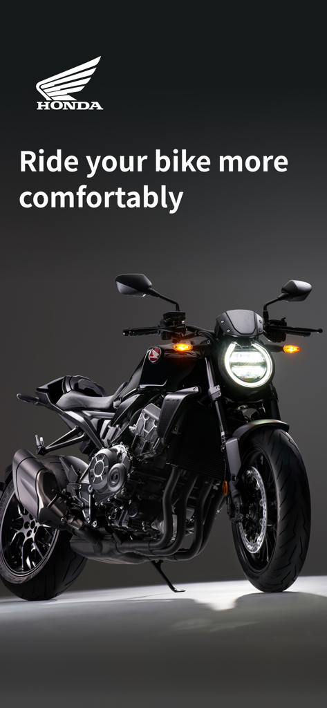 Una moto Honda elegante in un ambiente scuro con il titolo 'Guida la tua moto più comodamente' e il logo Honda.