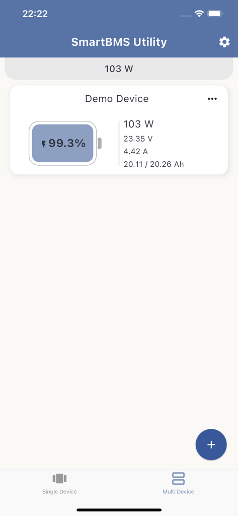 SmartBMS Utility app dashboard showing battery charge percentage and energy data